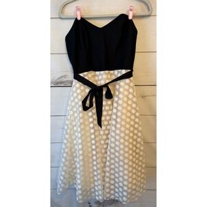 Corey Black White Polka Dot Fit Flare Dress Size 6 Sweetheart Neck Ribbon Tie